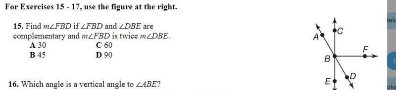 Number 15 please.Find m∠FBD if ∠FBD and ∠DBE are complementary and m∠FBD is twice-example-1