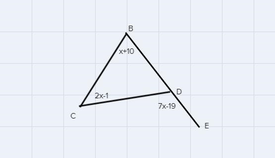 In ABCD, BD is extended through point D to point E, m_BCD = (2x - 1)º,mZCDE = (7x-example-1