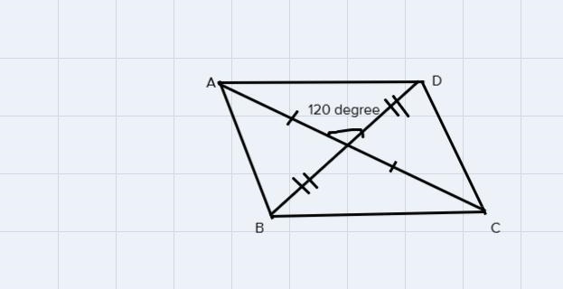 The diagonals of a parallelogram are 56 in and 34 in and intersect at angle of 120° find-example-1