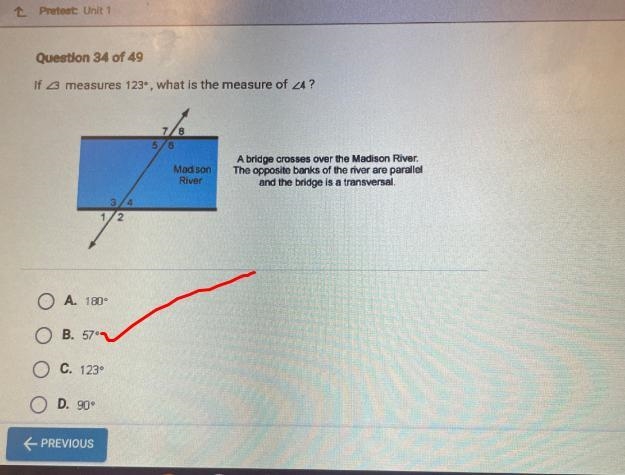 Question 34 of 49If 23 measures 123°, what is the measure of 24?7/831/2O A. 180°OB-example-1