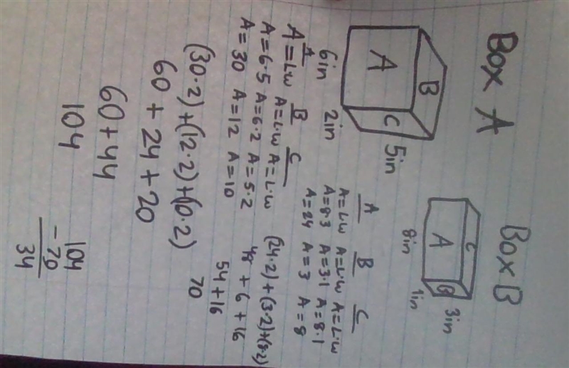 Examine the two boxes. Box A Box B How much greater is the surface area of Box A than-example-1