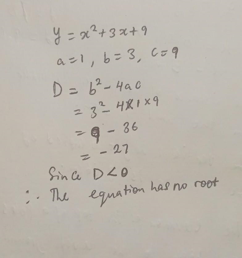 Calculate the discriminant to determine the number of real roots of the equation. y-example-1