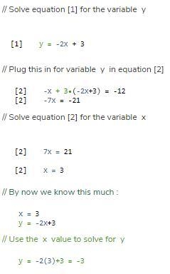 Multiply then elimination 2x+y=3 -x+3y=-12​-example-1