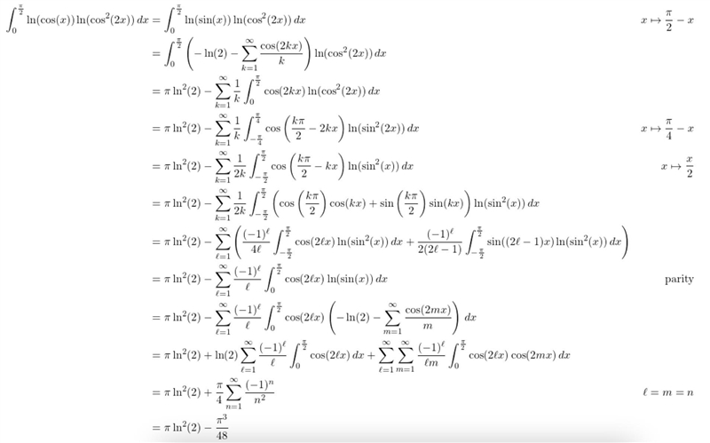 \red{ \rm\int\limits_(0)^{ (\pi)/(2)} l {n}^(2) \bigg( \frac{ {e}^{ - {x}^(2) } }{ \cos-example-5