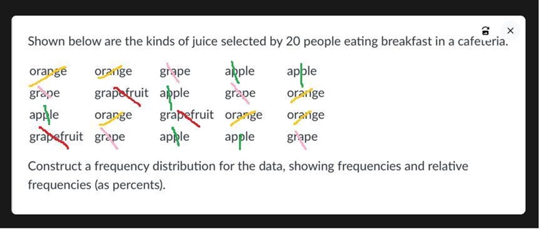 Shown below are the kinds of juice selected by 20 people eating breakfast in a cafeteria-example-1