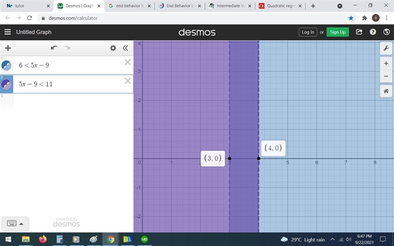 6< 5x -9 < 11Graph the solution set on a number line-example-1