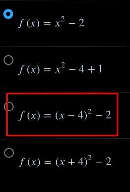 Which of these equations shows the correctly transformed function shown in the graph-example-2