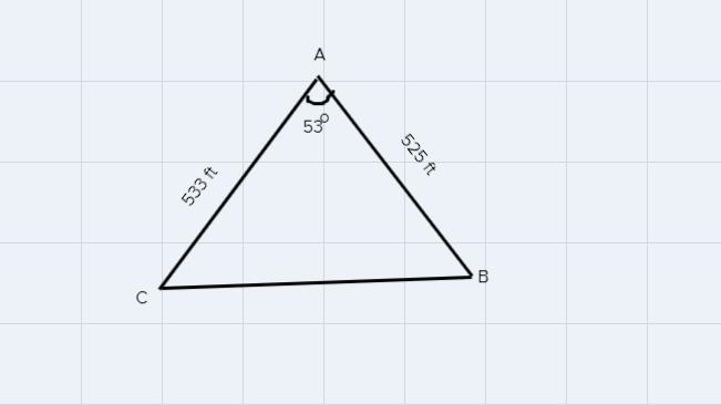 A park in a subdivision is triangular shaped. Two adjacent sides of the park are 533 feet-example-1