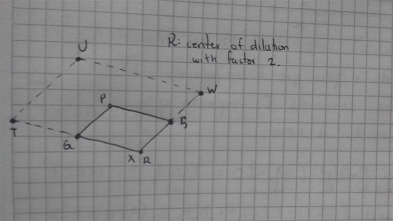 Draw the dilation of PQRS using center Q and scale factor 1/2. Label the dilation-example-2