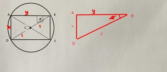 gr. 12 calcDetermine an expression for the area of a rectangle inscribed in a circle-example-1