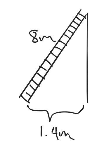 A ladder, 8m long, leans against a vertical wall with the foot of the ladder 1.4m-example-1