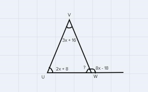 In AUVW, UW is extended through point W to point X, mZUVW = (3x + 16)°, mZWUV = (2x-example-1