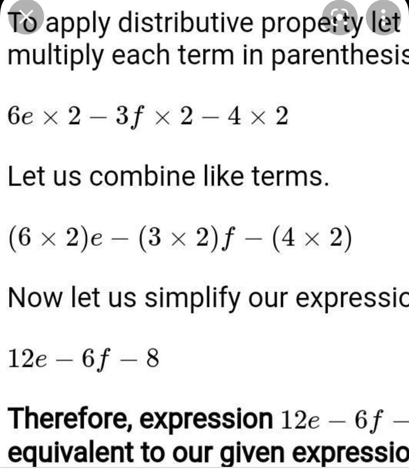 Combine the like terms to create an equivalent expression. (6e−3f−4)⋅2-example-1