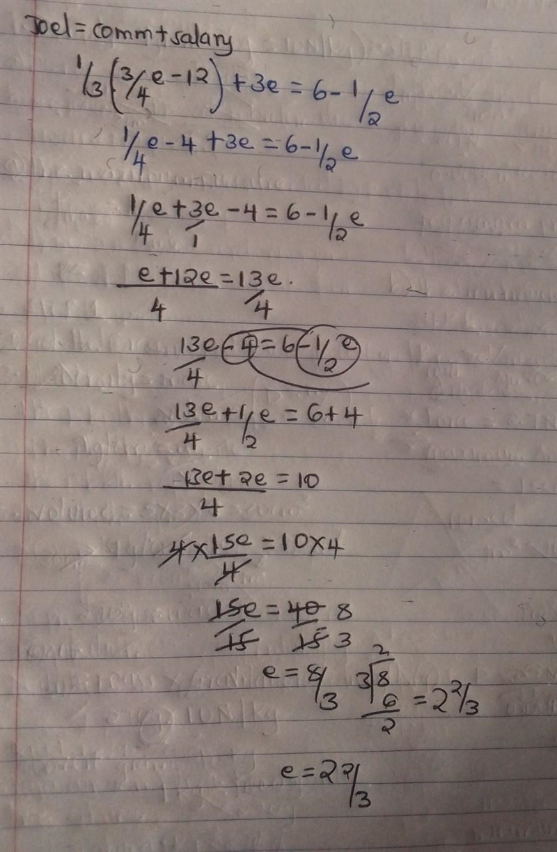 1/3(3/4e-12)+3e=6-1/2e-example-1