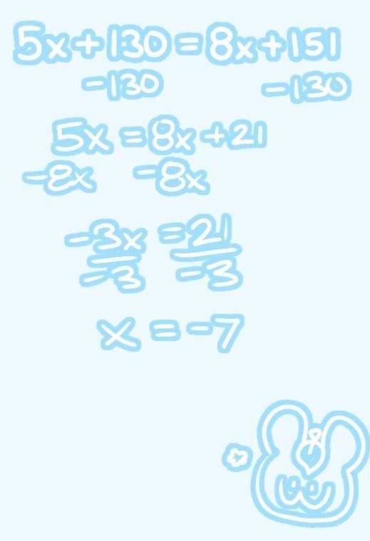 Solve for x: 5x +130° 8x + 151°-example-1