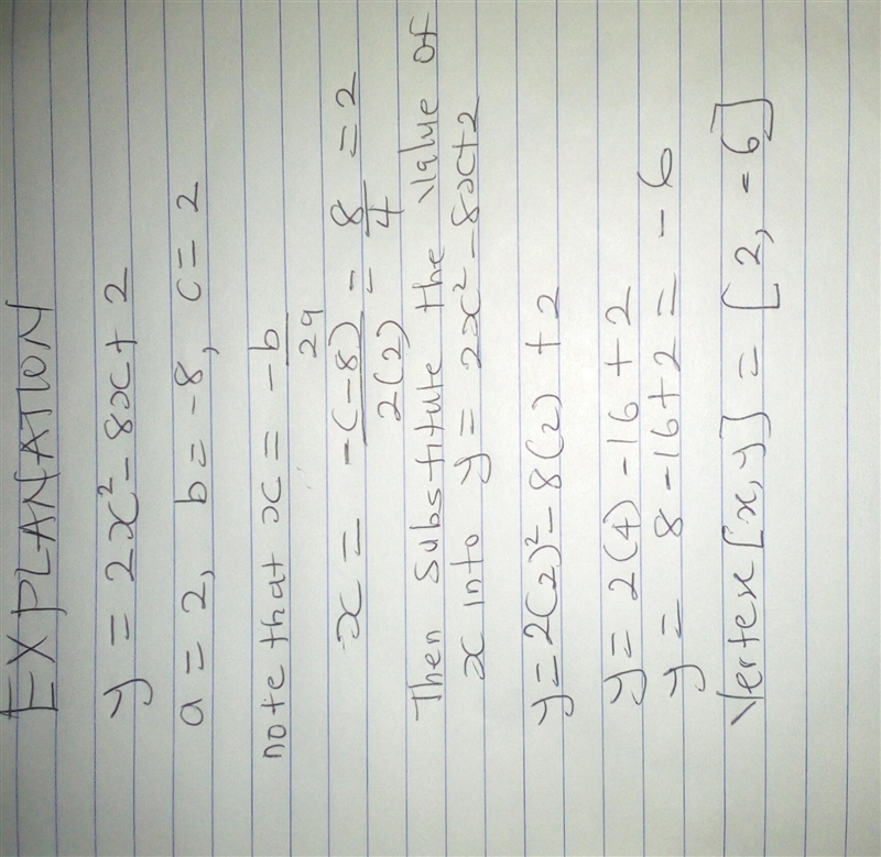 Y=2x^2-8x+2 what is the vertex of this equation write your work-example-1