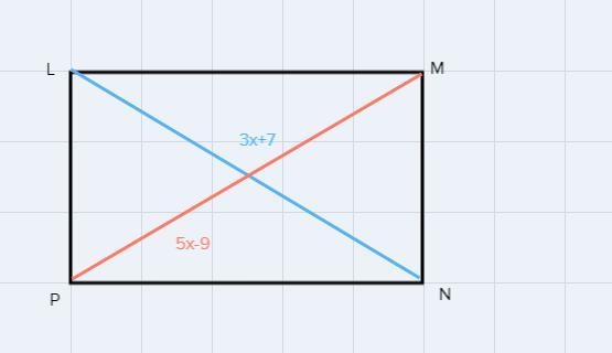 LMNP is a rectangle. Find the value of x and the length of each diagonal.LN = 3x + 7 and-example-1