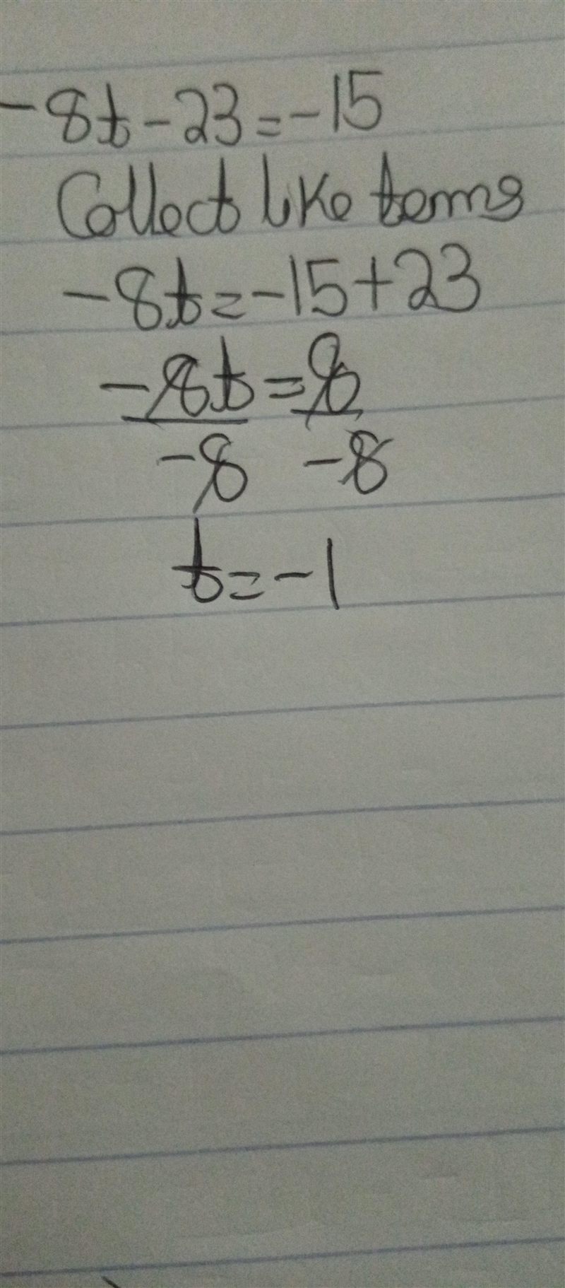 -8t-23=-15 what is the answer-example-1