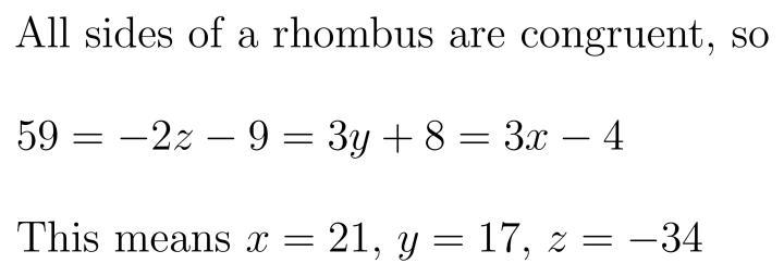 Find the value of xx, yy, and zz, in the rhombus below.-example-1