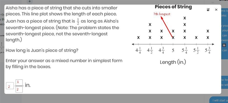 Aisha has a piece of string that she cuts into smaller pieces. This line plot shows-example-1