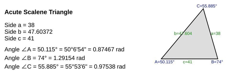 B=74° a=38 c= 41 find other sides and angles-example-1