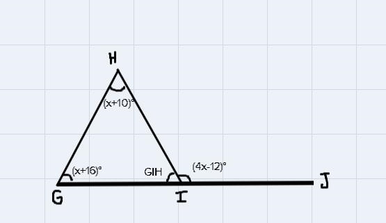 In AGHI, GI is extended through point I to point J, mZIGH (x + 16)°, m_HIJ = (4x – 12), and-example-1