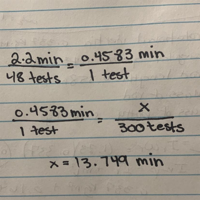 A grading machine can grade 48 multiple-choice tests in 2.2 minutes. How many minutes-example-1