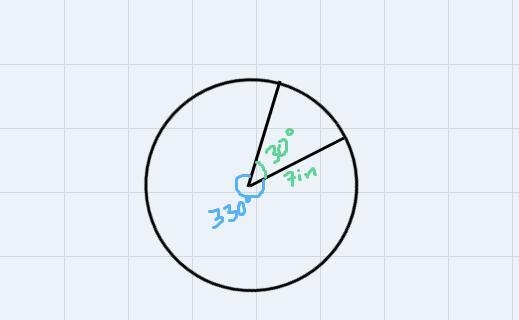 The circle below has center O, and it's radius is 7 in. Given that m-example-1