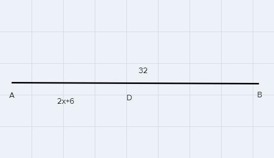 If D is the midpoint of AB and AD = 2x + 6 and AB = 32, then find AD. Draw thepicture-example-1