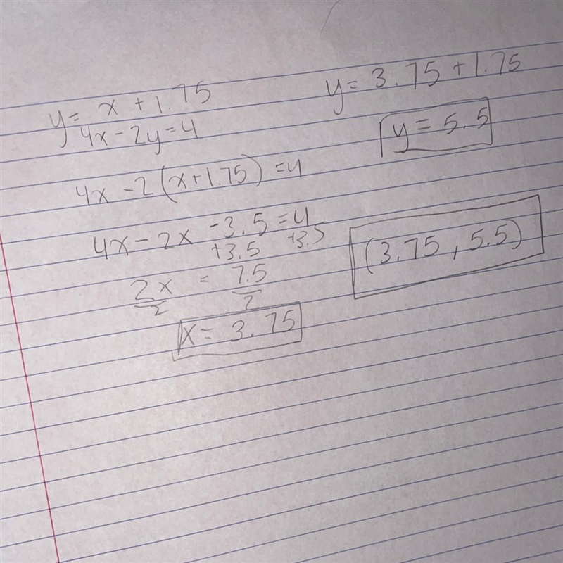 Use substitution to solve the system of equations. y=×+1.75 4×-2y=4 (4,4) (3.75, 5.5) (3.75, 0) (5.5, 4)-example-1