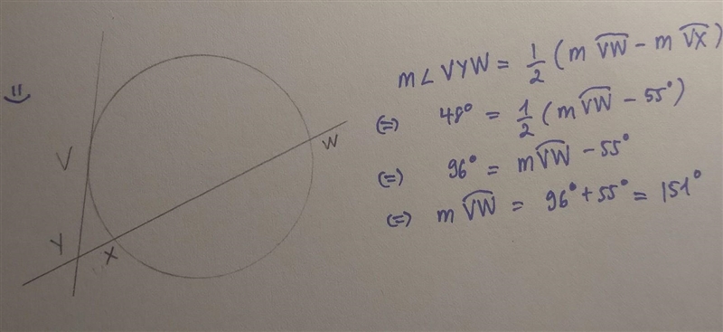 (b) In the figure below, mL VYW=48° and m VX=55º. Find m VW. V w m VW = ] • Y X X-example-1