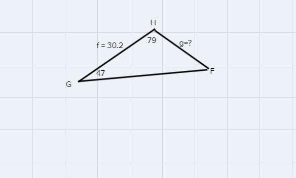 Triangle FGH has the following measures: m∠G=47∘, f=30.2, and m∠H=79∘. What is the-example-1