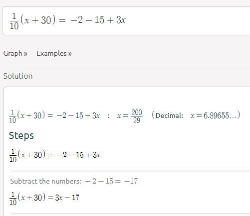 What is the value of x in the equation below?1/10 (x+30)=-2-15+3x-example-1