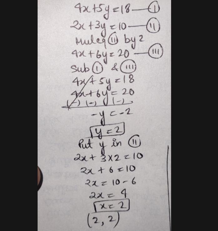 Solve the system of equations: 4x+5y=18 2x+3y=10-example-1