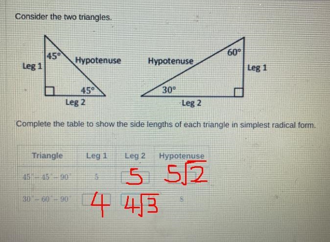 7-Equip Pre-Module Assessment, Precalculus, Module 1Consider the two triangles.60°45°HypotenuseHypotenuseLeg-example-1