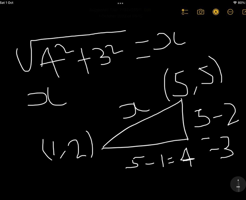 26 Find the distance between (1,2) and (5,5). 5- 4 3- 2- 1 (1,2) distance? (5,5)-example-1