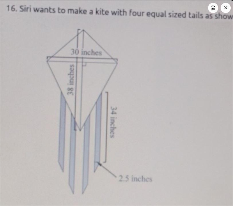 Siri wants to make a kite with four equal sized ties as shown below how much material-example-1