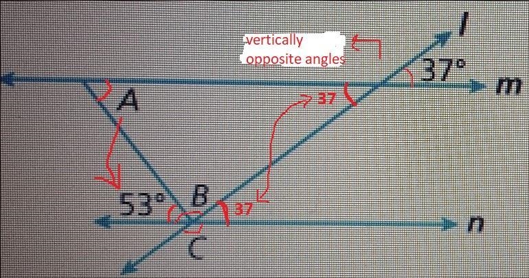 A figure with parallel lines m and n is shown what are the measures of angles A, B-example-1