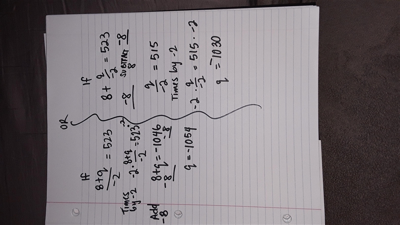 Solve 8+q/−2=523 . Express the solution as a mixed number in simplest form.-example-1