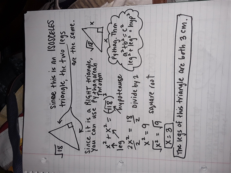 The triangle shown below is an isosceles right triangle. Determine the length of the-example-1