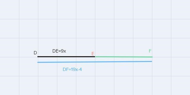 E IS THE MIDPOINT OF DF. IF DE =9X AND DF =19X -4, WHAT IF DF-example-1