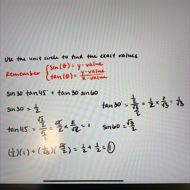 Determine the exact value of sin 30° tan 45° + tan 30° sin 60⁰​-example-1