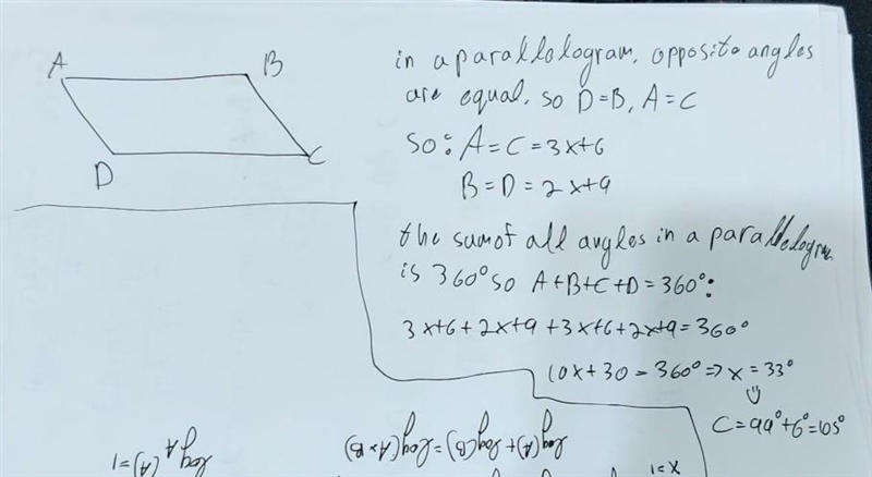 ABCD is a parallelogram. Find the measure of angle C. A B C (3x+6) D (2x+9) Find out-example-1