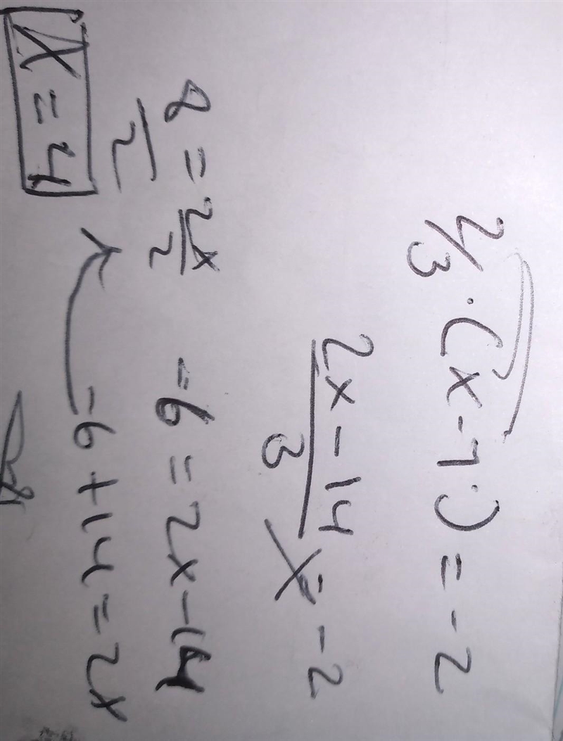 2/3(x-7)= -2 Please help me-example-1