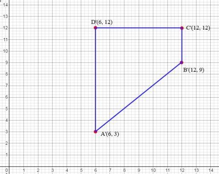 Draw a dilation of a quadrilateral with the vertices A(2, 1); B(4, 3);C(4,4); and-example-1