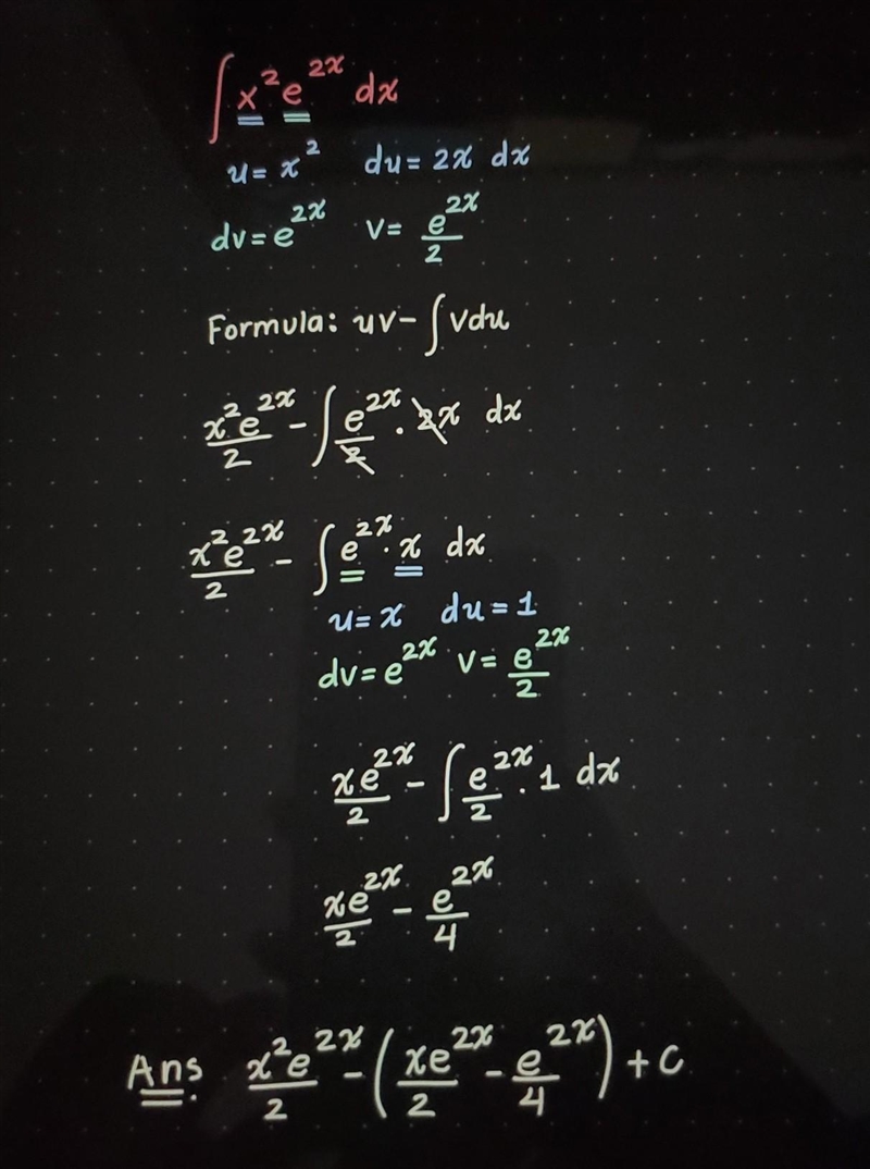 Integrate the following by parts |x^2 e^2x dx​-example-1