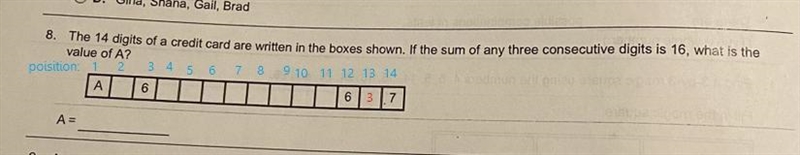 The 14 digits of a credit card are written in the boxes shown. If the sum of any three-example-1