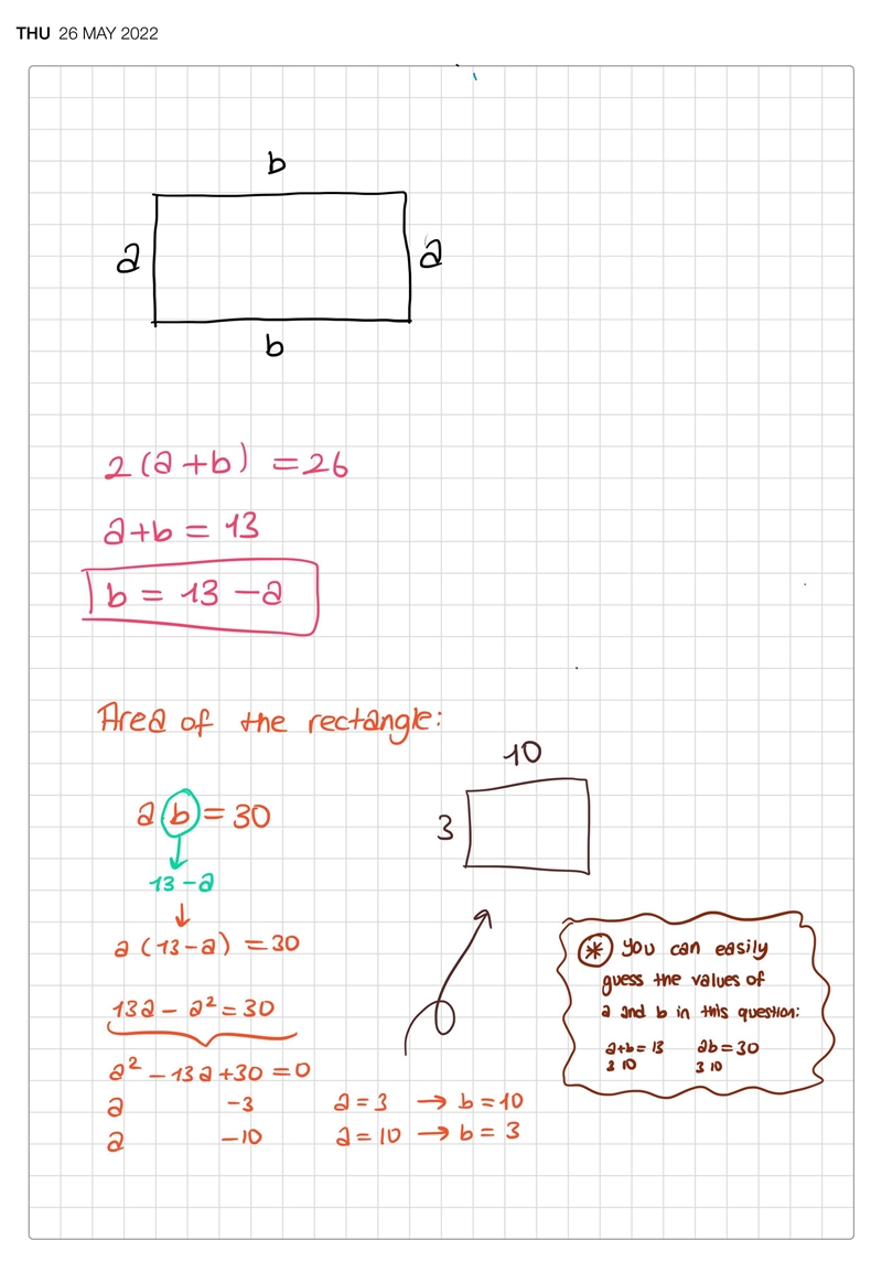 The perimeter of a rectangle is 26 and the area is 30. what are the dimensions of-example-1