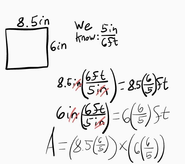 Find the length and width of the actual room, shown in the scale drawing. Then find-example-1