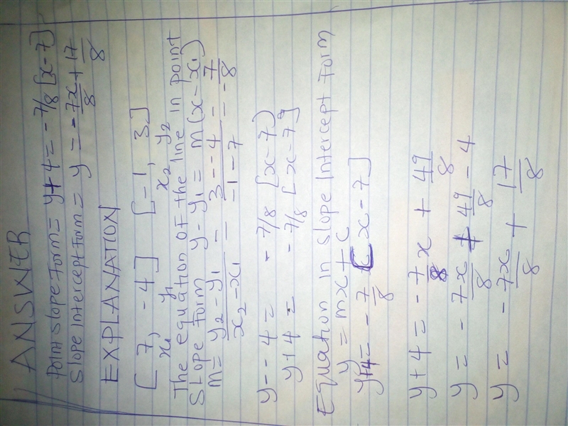 Write the equation of the line that passes through the points (7, –4) and (–1, 3), first-example-1